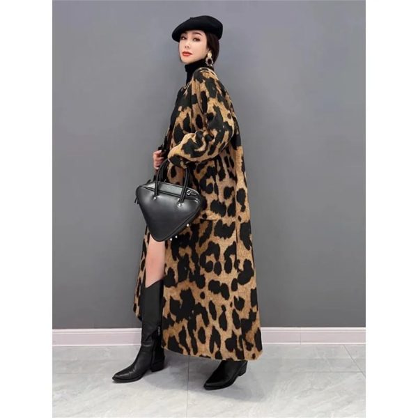 Women Leopard Long Coats And Jackets V-Neck Single Breasted Winter Trench Coat Loose Windbreaker Outerwear
