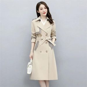Women Belted Long Coats And Jackets Lapel Spliced Windbreaker Elegant Trench Coat Outerwears