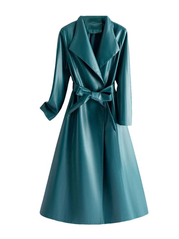Women Leather Long Trench Coat For Turn Down Collar Sheepskin Jacket With Belt Windbreaker