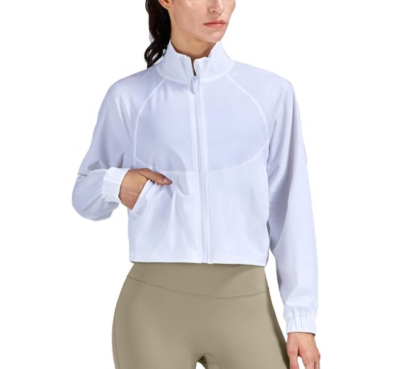 Women's Athletic Running Yoga Gym Track Zip Up Cropped Jackets UPF 50+ Sun Protection Long Sleeve Workout Shirts