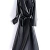 Women Leather Long Trench Coat For Turn Down Collar Sheepskin Jacket With Belt Windbreaker