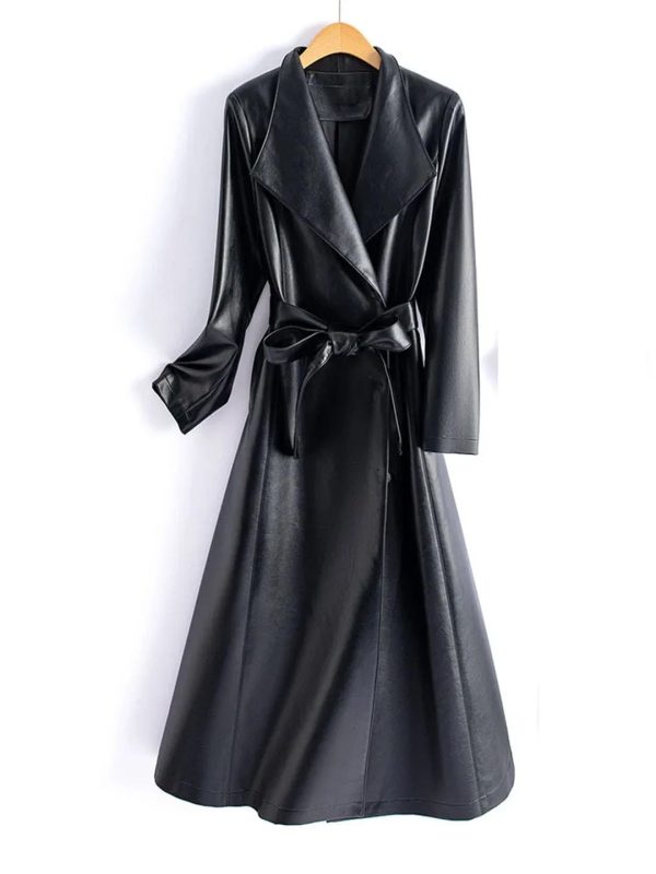 Women Leather Long Trench Coat For Turn Down Collar Sheepskin Jacket With Belt Windbreaker