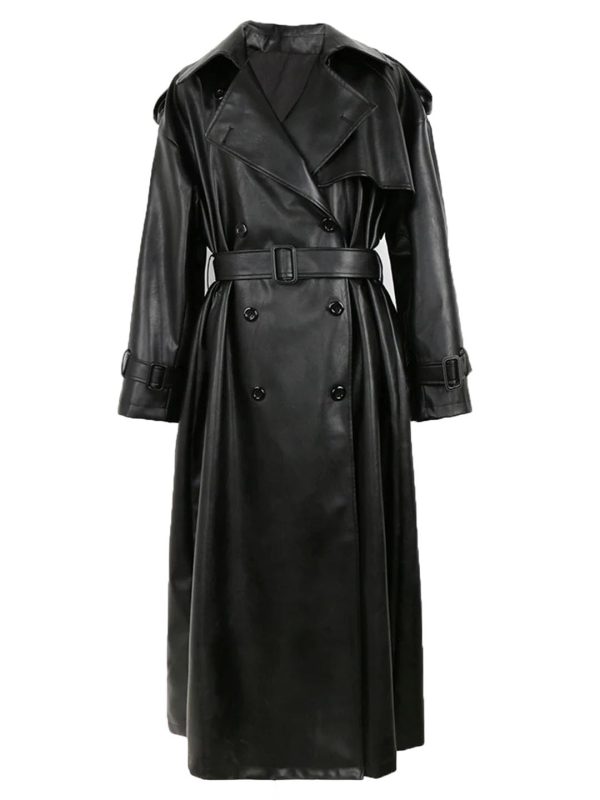 Women Long Leather Trench Coat For Belt Double Breasted Loose Windbreaker