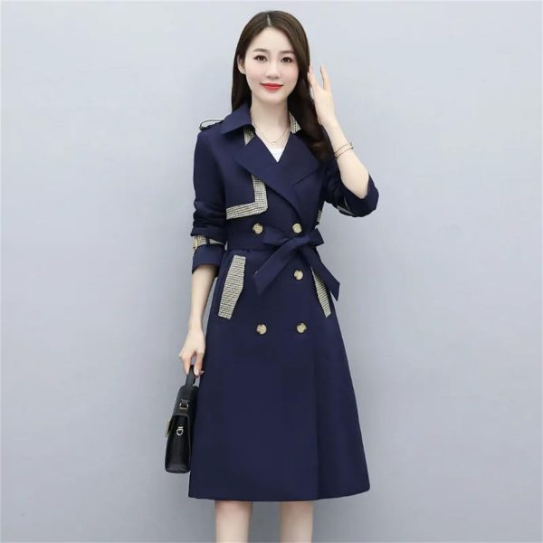 Women Belted Long Coats And Jackets Lapel Spliced Windbreaker Elegant Trench Coat Outerwears