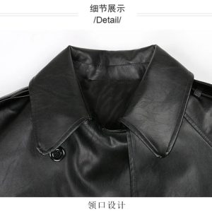 Women Long Leather Trench Coat For Belt Double Breasted Loose Windbreaker