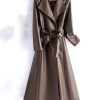 Women Leather Long Trench Coat For Turn Down Collar Sheepskin Jacket With Belt Windbreaker