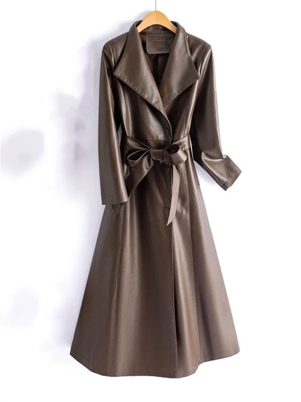 Women Leather Long Trench Coat For Turn Down Collar Sheepskin Jacket With Belt Windbreaker