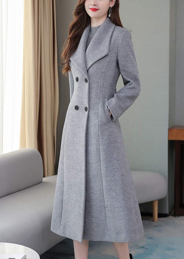Women's Chic Shawl Collar Work Double Breasted Maxi Long Wool Pea Coat