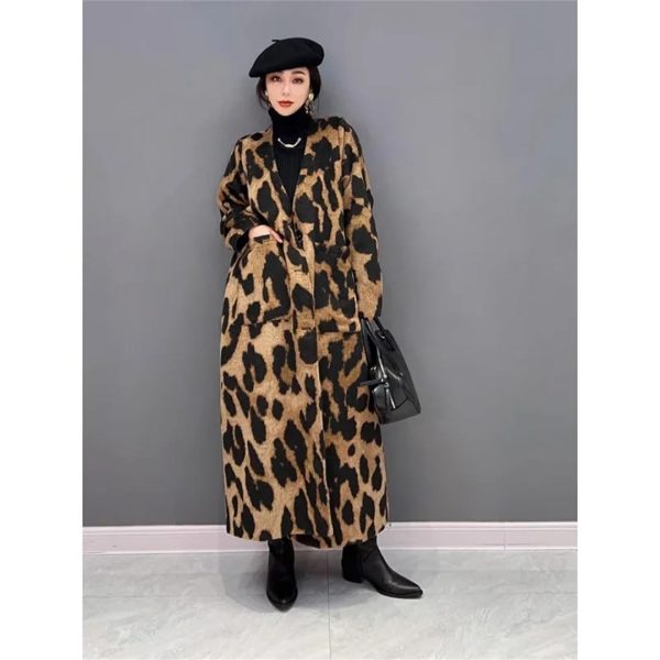 Women Leopard Long Coats And Jackets V-Neck Single Breasted Winter Trench Coat Loose Windbreaker Outerwear