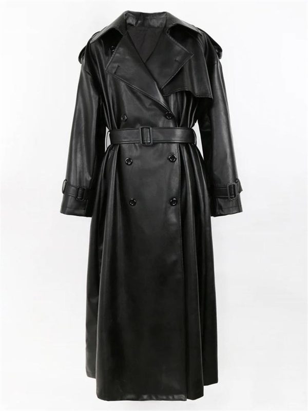 Women Long Leather Trench Coat For Belt Double Breasted Loose Windbreaker