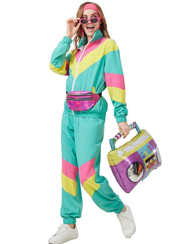 80s Tracksuit for Women Retro Windbreaker Outfit 90s Color Block Sportswear Set with Jacket Sweatpants