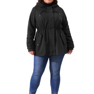 Plus Size Rain Jacket for Women Lightweight Waterproof Fleece Lined Jacket Hooded Windbreaker Coat