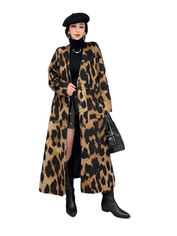 Women Leopard Long Coats And Jackets V-Neck Single Breasted Winter Trench Coat Loose Windbreaker Outerwear