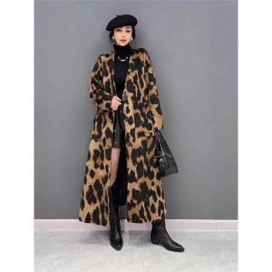 Women Leopard Long Coats And Jackets V-Neck Single Breasted Winter Trench Coat Loose Windbreaker Outerwear