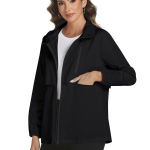 Rain Jacket Women with Hooded Lightweight Waterproof Raincoats Packable Zipper Pockets Windbreakers