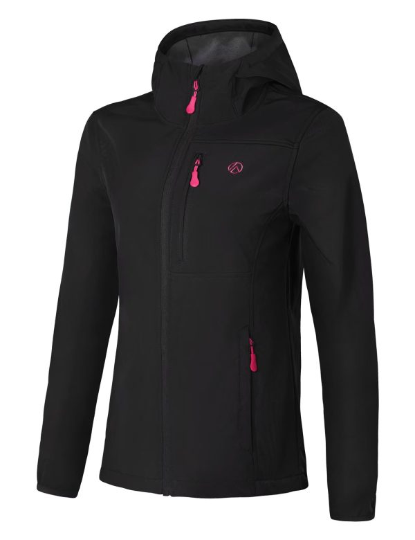 Women's Softshell Jacket with 5 Pockets, Hooded Insulated Windbreaker, Warm Fleece Coat for Hiking Camping Cycling