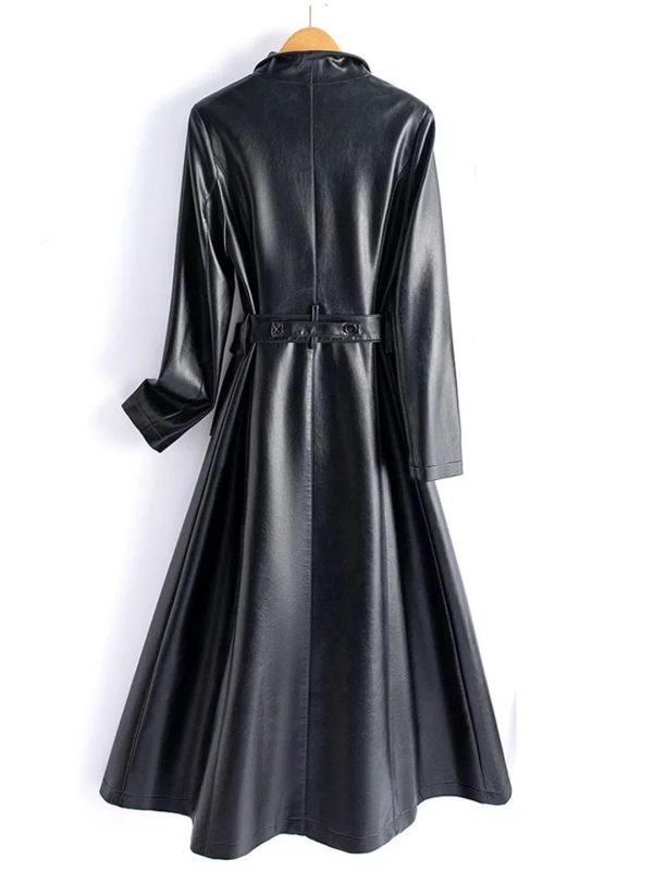 Women Leather Long Trench Coat For Turn Down Collar Sheepskin Jacket With Belt Windbreaker