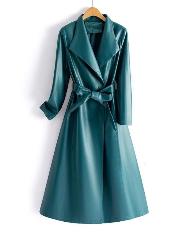 Women Leather Long Trench Coat For Turn Down Collar Sheepskin Jacket With Belt Windbreaker