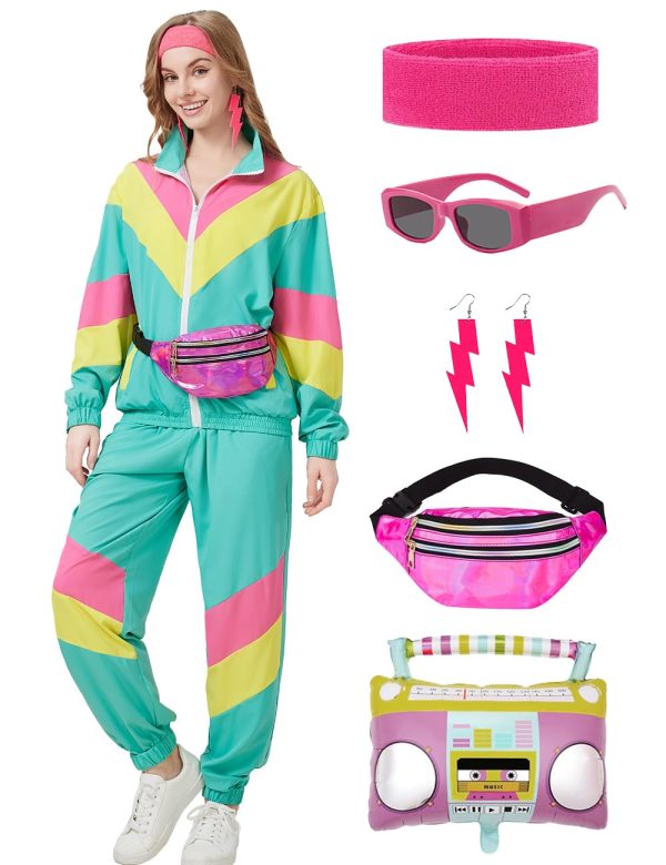 80s Tracksuit for Women Retro Windbreaker Outfit 90s Color Block Sportswear Set with Jacket Sweatpants