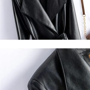 Women Leather Long Trench Coat For Turn Down Collar Sheepskin Jacket With Belt Windbreaker