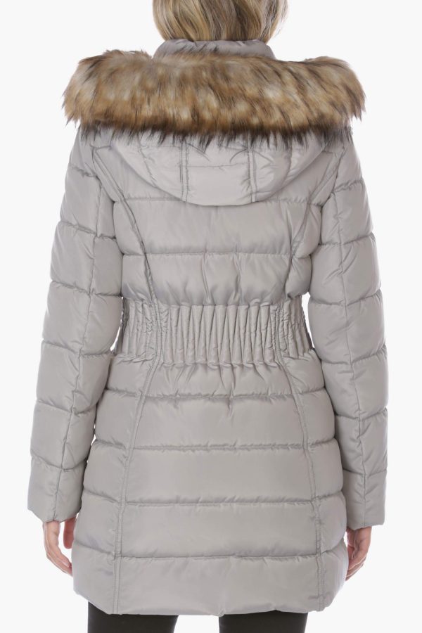 Women's 3/4 Puffer Jacket with Zig Zag Cinched Waist and Faux Fur Trim Hood