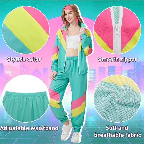80s Tracksuit for Women Retro Windbreaker Outfit 90s Color Block Sportswear Set with Jacket Sweatpants