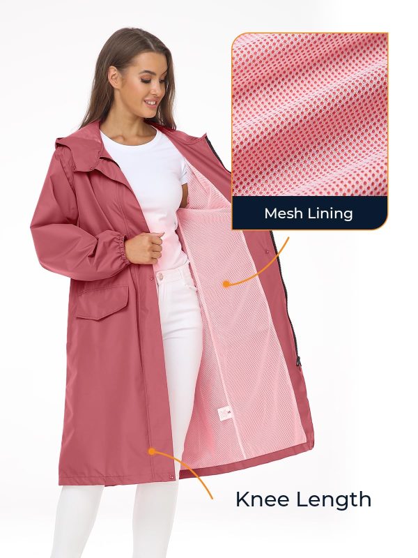 Women's Long Rain Jacket Waterproof Lightweight Hooded Raincoat Packable Knee Length Rain coat