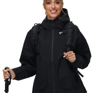 Women Rain Jacket with Adjustable Hood Fashion Lightweight Raincoat Waterproof Soft Shell Windbreaker