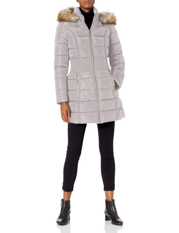 Women's 3/4 Puffer Jacket with Zig Zag Cinched Waist and Faux Fur Trim Hood