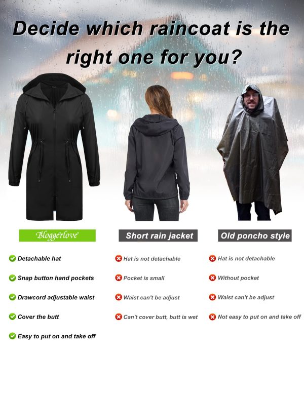 Women's Rain Jacket Plus Size Long Raincoat Lightweight Hooded Windbreaker Waterproof Jackets with Pockets