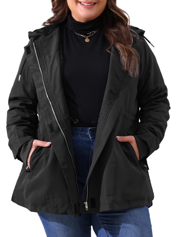 Plus Size Rain Jacket for Women Lightweight Waterproof Fleece Lined Jacket Hooded Windbreaker Coat