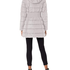 Women's 3/4 Puffer Jacket with Zig Zag Cinched Waist and Faux Fur Trim Hood