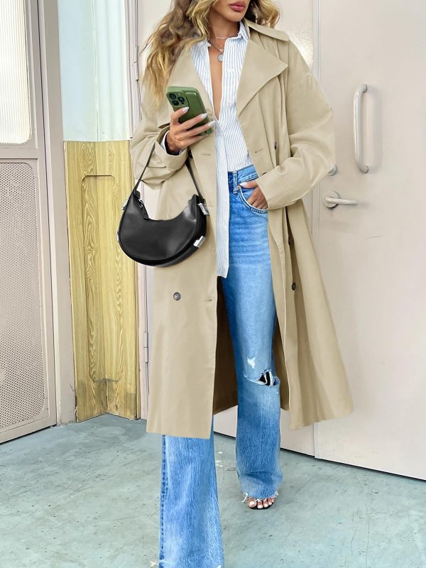 Womens Double Breasted Long Trench Coat Oversized Classic Lapel Belted Overcoat
