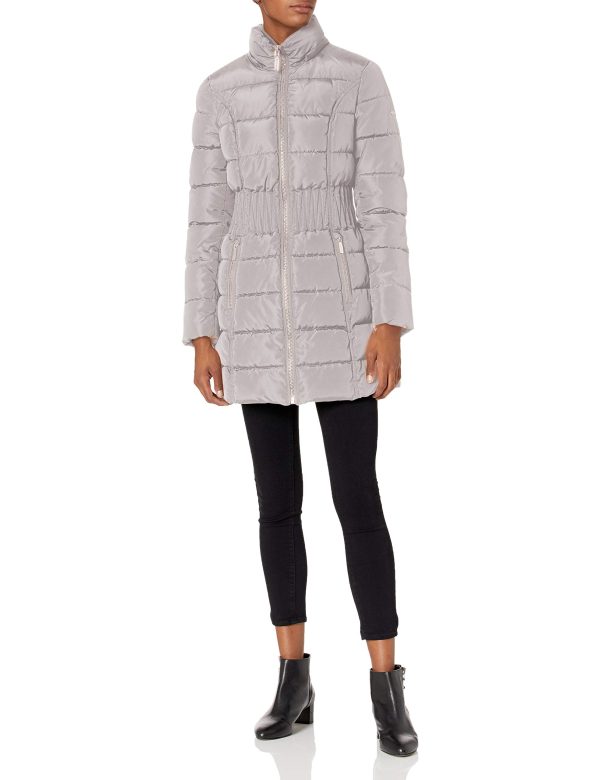 Women's 3/4 Puffer Jacket with Zig Zag Cinched Waist and Faux Fur Trim Hood