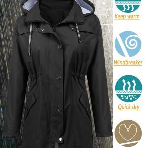 Raincoat Women Waterproof Long Hooded Trench Coats Lined Windbreaker Travel Jacket S-XXL